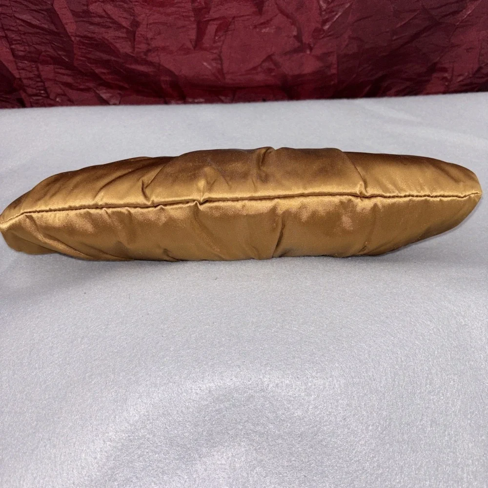 Valerie Stevens Gold Satin Duel Strap Clutch Purse Bow Rhinestone Kiss Lock EUC